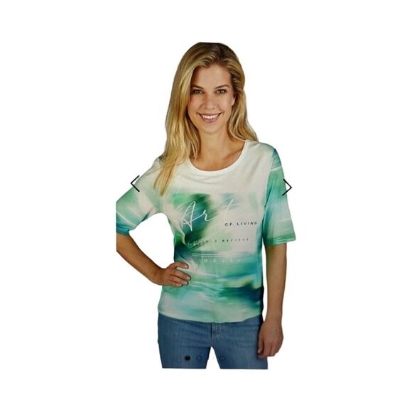 RABE ROUND NECK TEXT PRINT TOP. - Picture 1 of 9